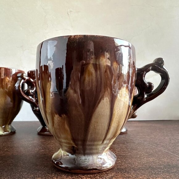 Set of 6 Brown Drip Glaze Coffee Mugs Mid Century - Picture 11 of 14